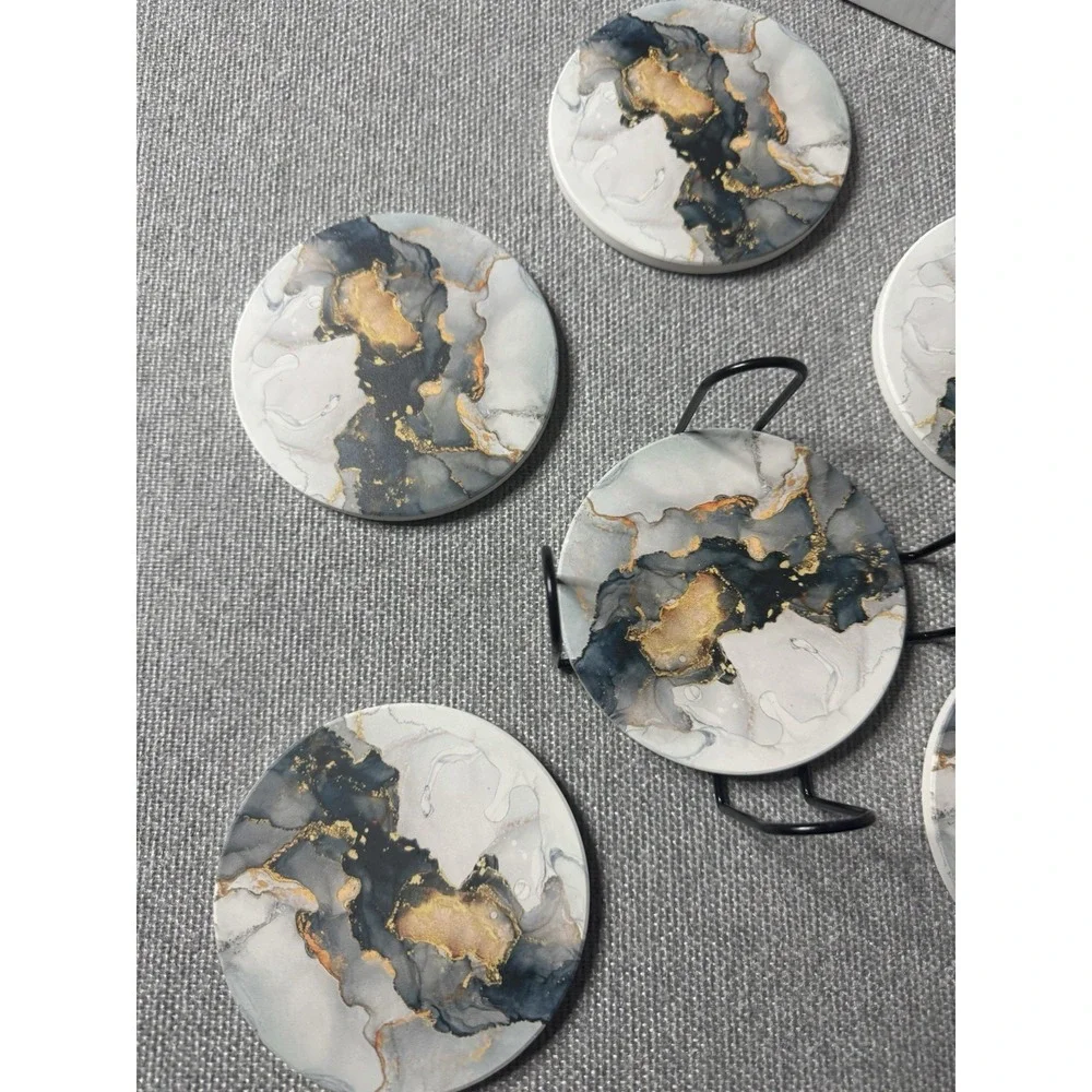 Gray, Blue, Gold Marble Round Coasters With Holder Set Of 6 Absorbs Moisture Set
